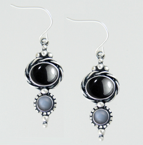 Sterling Silver Drop Dangle Earrings With Hematite And Grey Moonstone